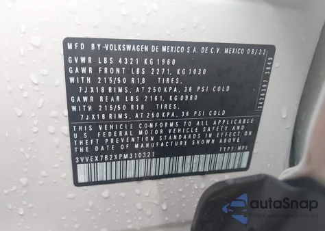 2023 Volkswagen Taos 1.5T Se из США, поврежденный, VIN 3VVEX7B2XPM310321